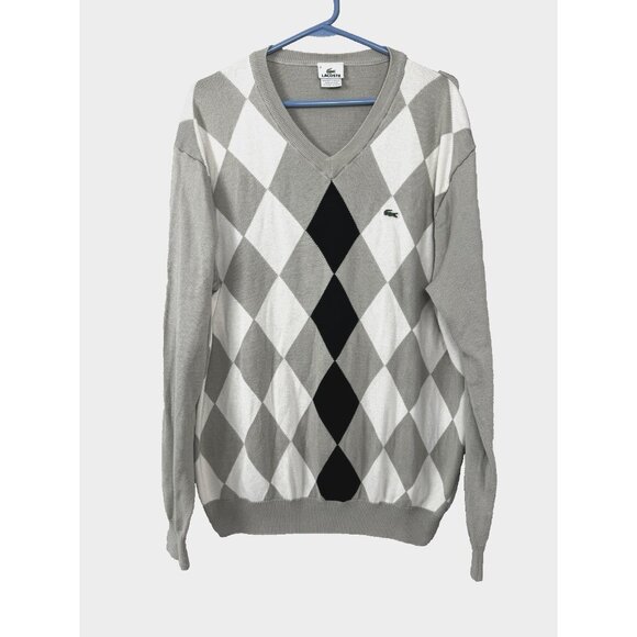 Lacoste Other - Lacoste Mens XL Gray Black White Argyle Cotton Knit Golf Sweater Pullover Preppy
